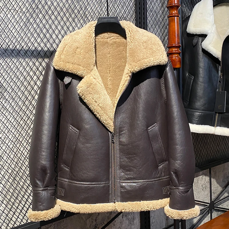 

Fashion Genuine Leather Moto & Biker Jacket Men Clothing Slim Winter Warm Natural Sheepskin Fur Coats Male Flight Suit Jaquetas