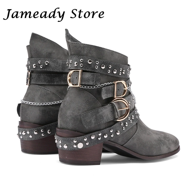 

Women Western Cowboy Boots Rivets Buckle Straps Ankle Boots Chunky Heel Pointed Toe Short Boots Lady Fashion Retro Botas Mujer