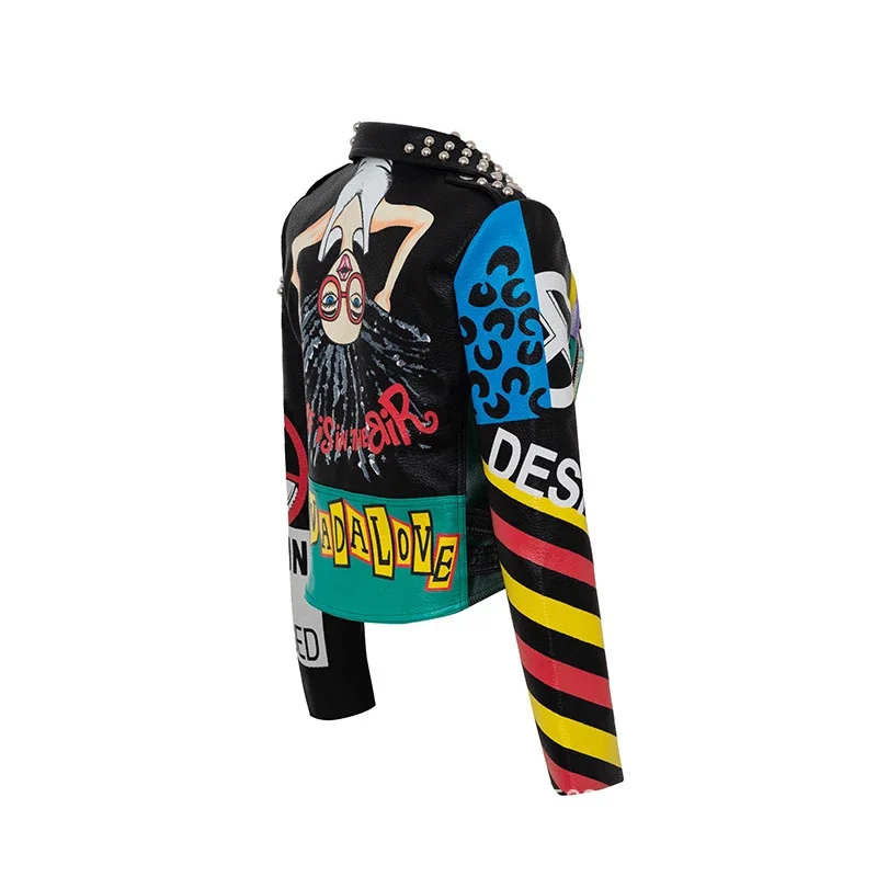 Punk Studded Cropped Motorcycle Jacket for Women 2024 Trend Streetwear Graffiti Print Contrast Faux Leather Jacket S-XXXL