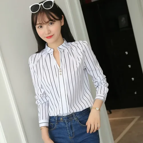 JFUNCY 여성용 긴팔 블라우스, 오피스 레이디 OL 작업 셔츠, 캐주얼 화이트 스트라이프 프린트, 여성 슬림 셔츠 5