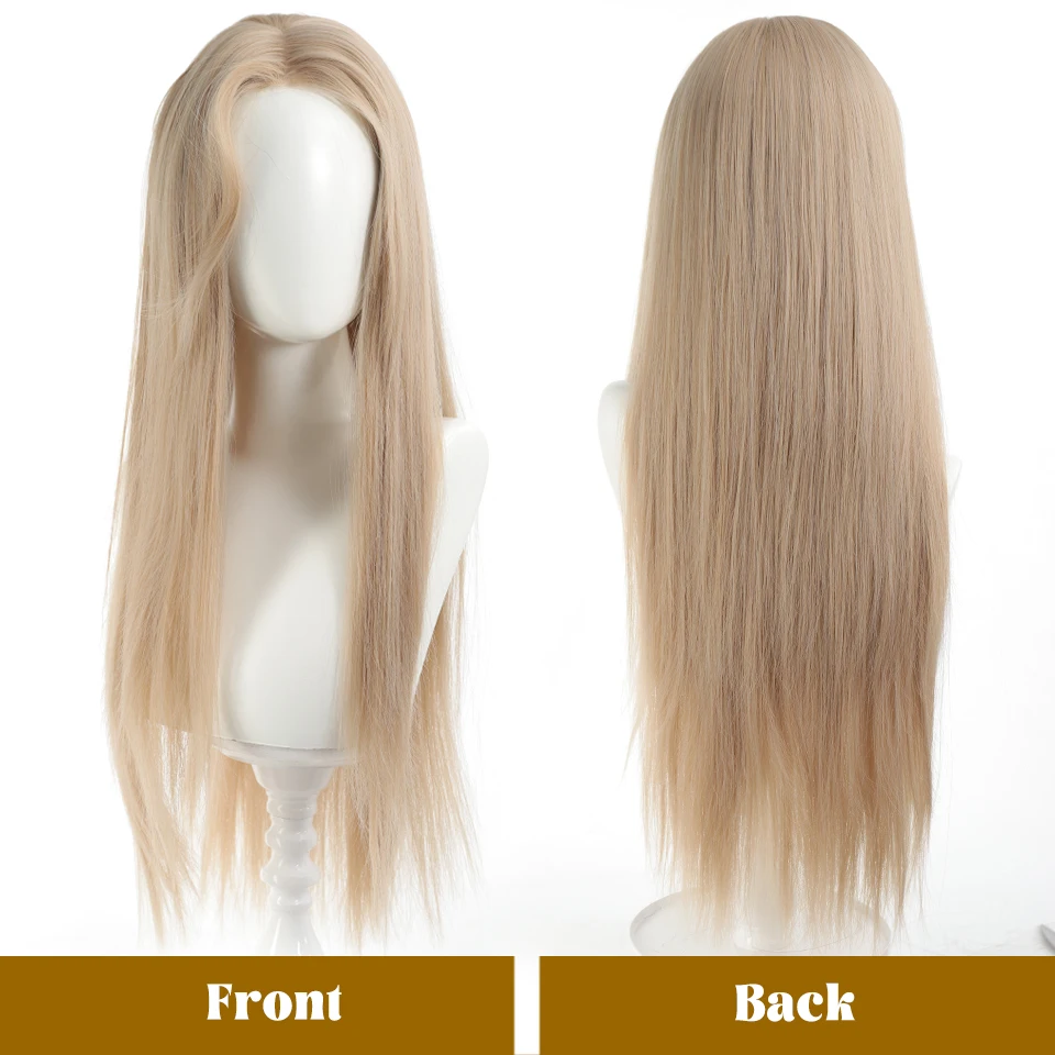 Parrucca sintetica con frangia divisa, capelli lunghi e lisci color tè al latte e oro riso, adatta per l'uso quotidiano e le feste da parte delle donne. - immagine 4