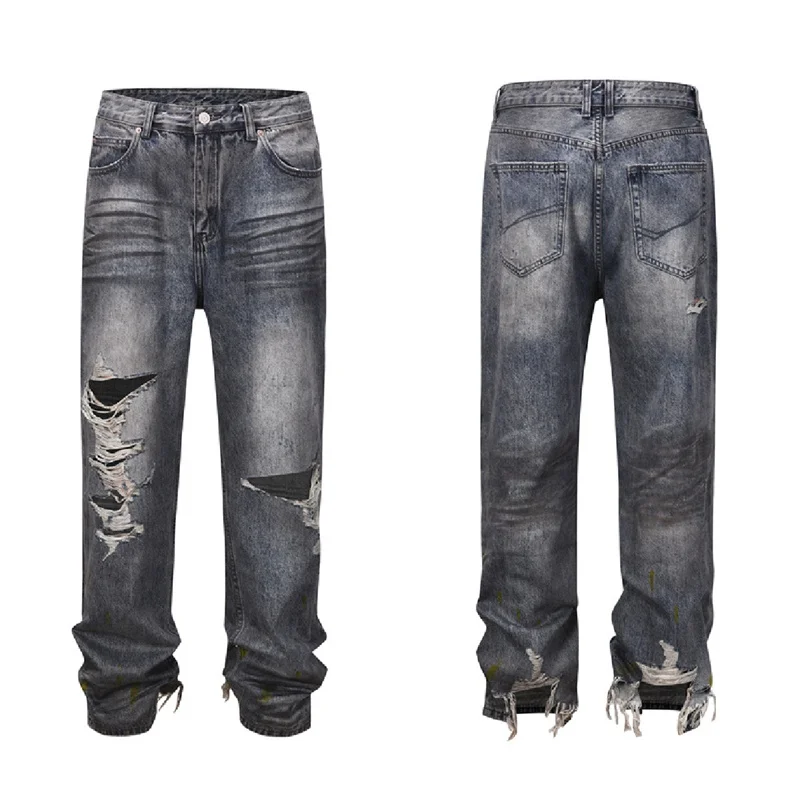 

Mud Dyeing Erosion Damage Jeans Men Women High Quality Washing Damage Pants Versatile Straight Leg Jeans Trousers
