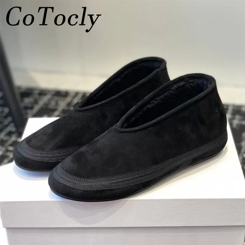 

New Winter Shoes Women Cow Suede Shallow Loafers Women Round Toe Slip-on Walk Shoes Comfortable Wool Warm Short Boots Woman