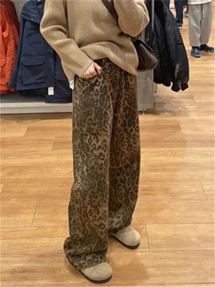 여성용 레트로 레오파드 무늬 프린트 청바지, 하이 웨이스트, 헐렁한 캐주얼 스트레이트 데님 바지, 스트리트웨어 Y2k 와이드 레그 청바지, 2024 신상
