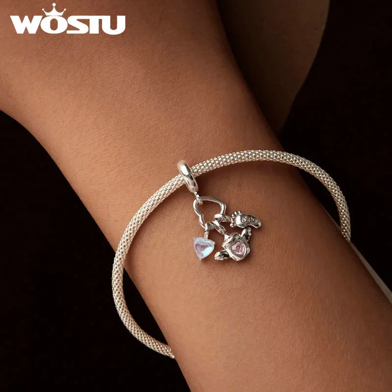 WOSTU 천사 병, 발 펜던트, 치아 비즈 핏, 오리지널 팔찌, DIY 목걸이, 엄마 딸 선물