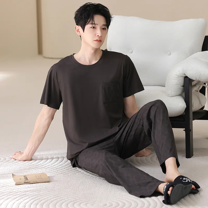 여름 남성 잠옷 세트 반팔 긴 바지 라이오셀 코튼 실키한 피부촉감 통기성 좋은 야외 홈웨어 옴브레 파자마