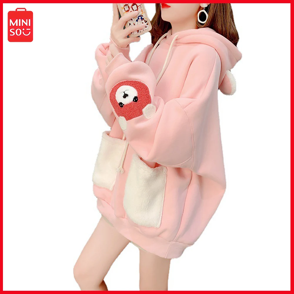 

Miniso Lotso Thick Warm Hoodie Students New Autumn Winter Korean Version of Loose and Lazy Kawaii Cartoon Pullover Birthday Gift