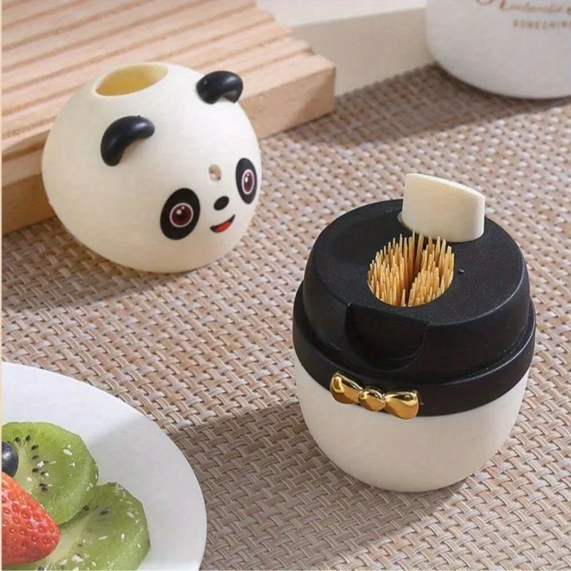 Large Capacity Automatic Panda Toothpick Dispenser Portable Bamboo Organizer with Dustproof Cover Cartoon Design for Kitchen Use