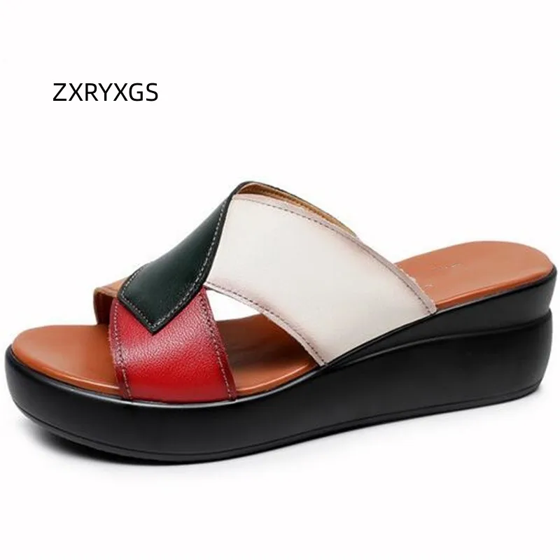 

ZXRYXGS Spell Color Summer Women Slipper Outdoor Wear Genuine Leather Sandals 2023 Open Toe Casual Shoes Platform Wedges Sandals