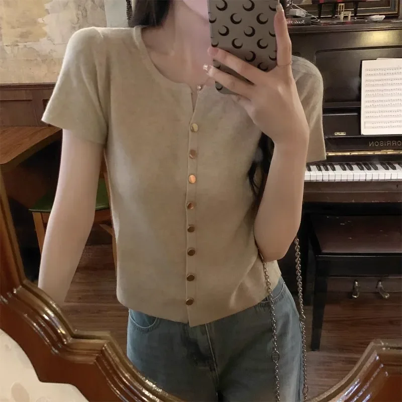 New Women's Knitted Button Shirt Stylish and Elegant Women's Office Short Sleeve Crew Neck Pullover