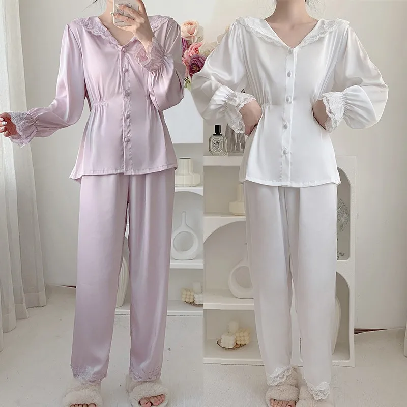 

Весенний кружевной пижамный комплект, женская одежда для сна с длинным рукавом, Женский Пижамный костюм, Осенние атласные ночные костюмы, домашние костюмы