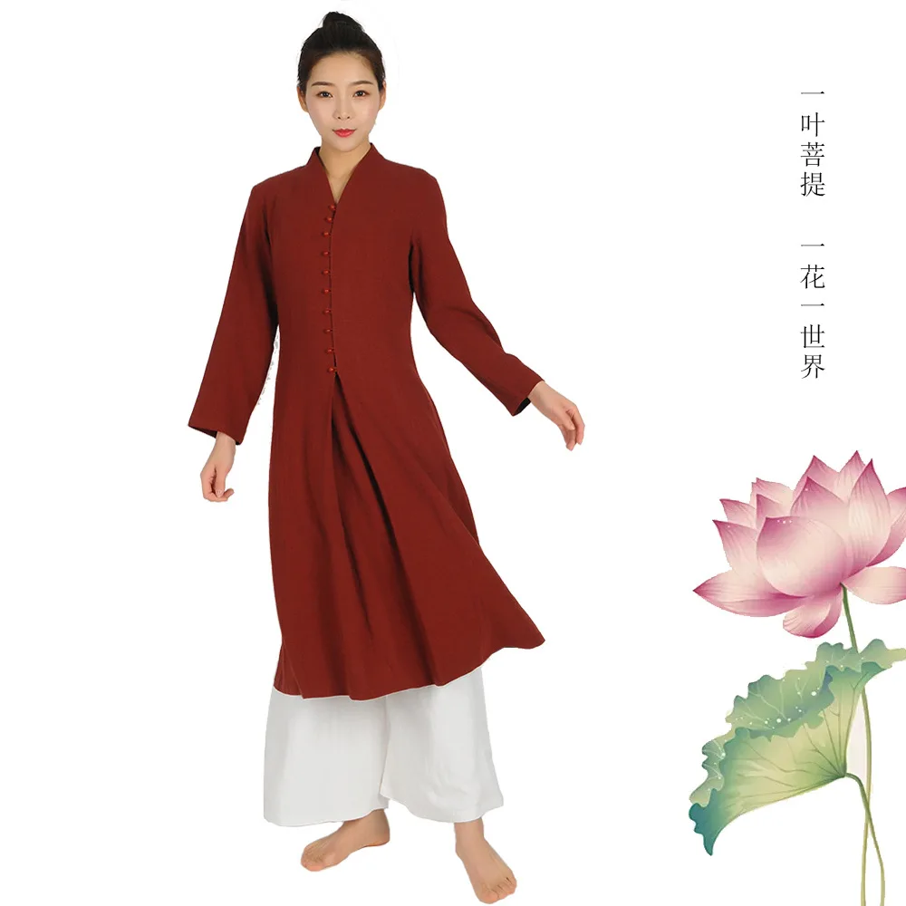 

New Linen Meditation Clothing Tea Art Clothes Women's Suit Cotton and Drape Jushi Spring Summer Long Sleeves