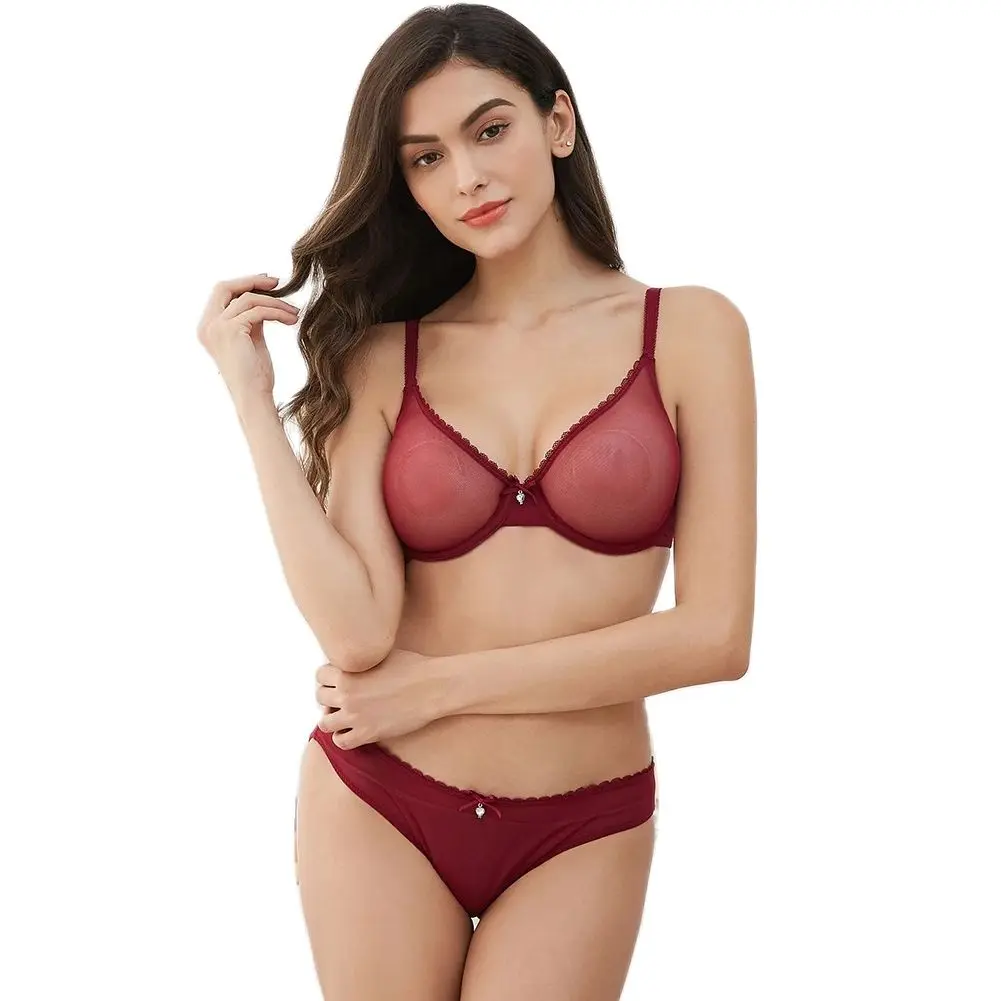 Women lingerie set women underwear set sexy bra set Varsbaby Sexy Mesh Lace Underwear Transparent Unlined 1 Bra+2 Panties Bra Set Plus Size 32-42CDE plus size
