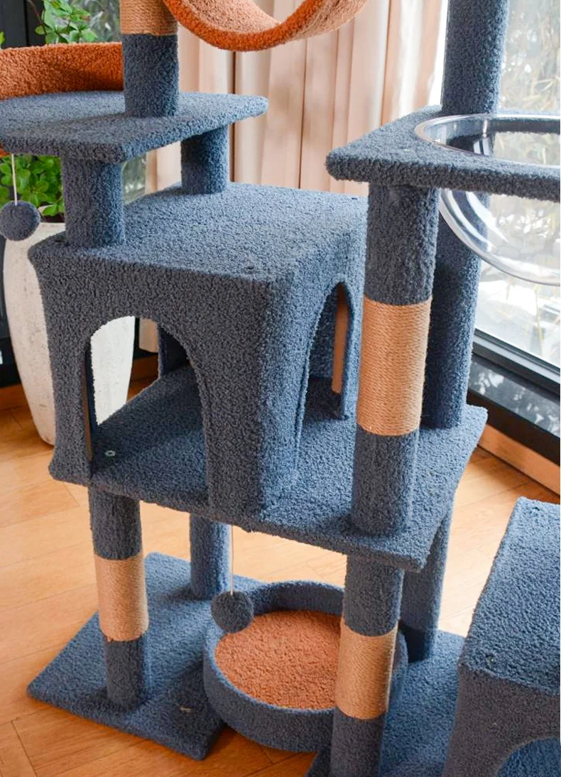 Cat Tree Tower With Sisal Scratching Post 64 Inch 162cm 2 Condos Luxury Pet Climbing Tree Multi-Level Wooden MDF Plywood OEM/ODM