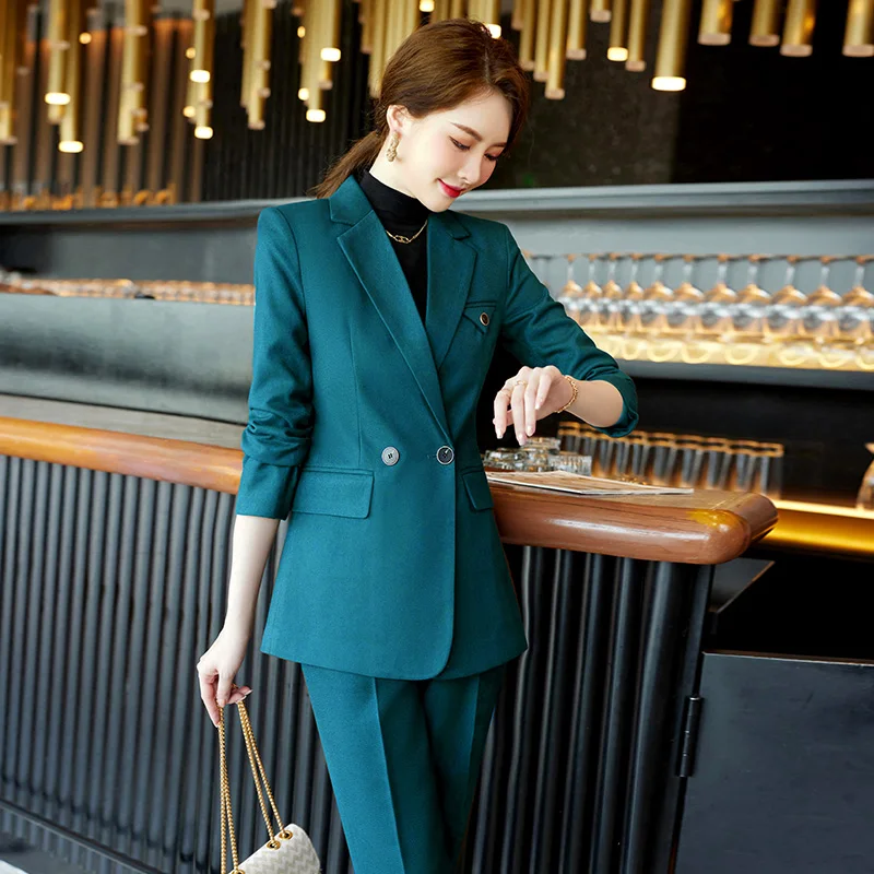 

2022 Autumn Winter Formal Ladies Green Blazer Women Business Suits with Sets Work Wear Office Uniform 5XL Size Pants Jacket