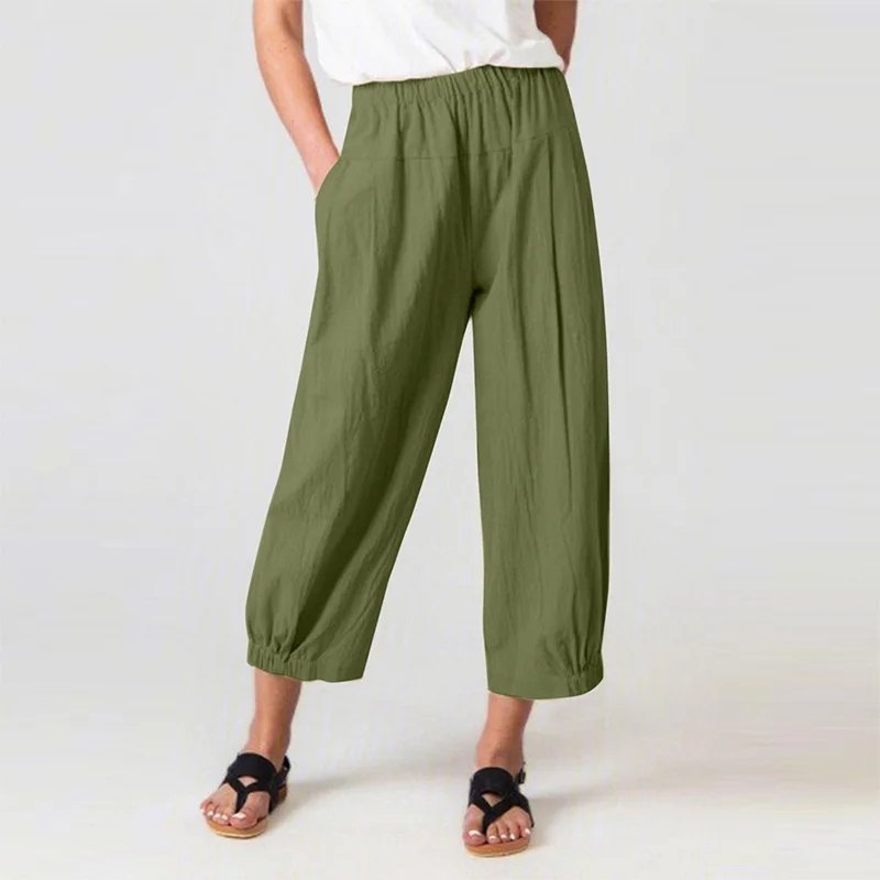 Cotton Linen Elastic Waist High Waist Casual Harem Pants Womens Spring Summer Solid Color Pockets Loose Nine Points Trousers radish pants women s 2022 spring new western style wild flower embroidery nine points jeans casual harem pants