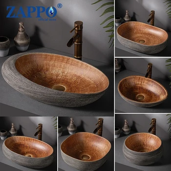 อ่างล้างหน้าทรงวินเทจ ZAPPO สไตล์ศิลปะ ทำจากเซรามิกแบบวางบนเคาน์เตอร์ ลายไม้โบราณ สำหรับห้องน้ำและระเบียง 1
