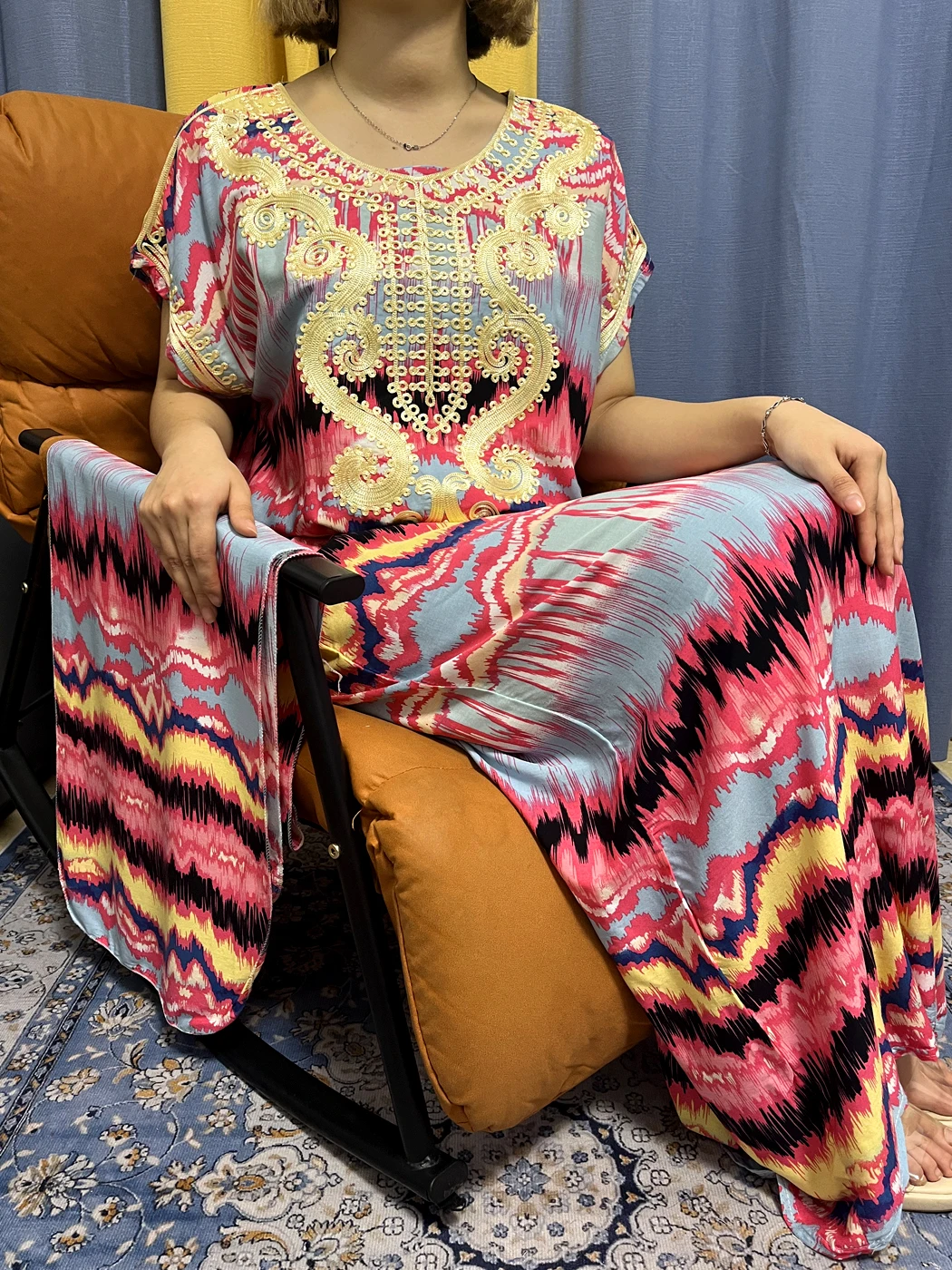 Abayas For Women 2023 Dubai New Musilm Floral Print Cotton Appliques Loose Femme Robe African Nigeria Kanga Clothing With Turban