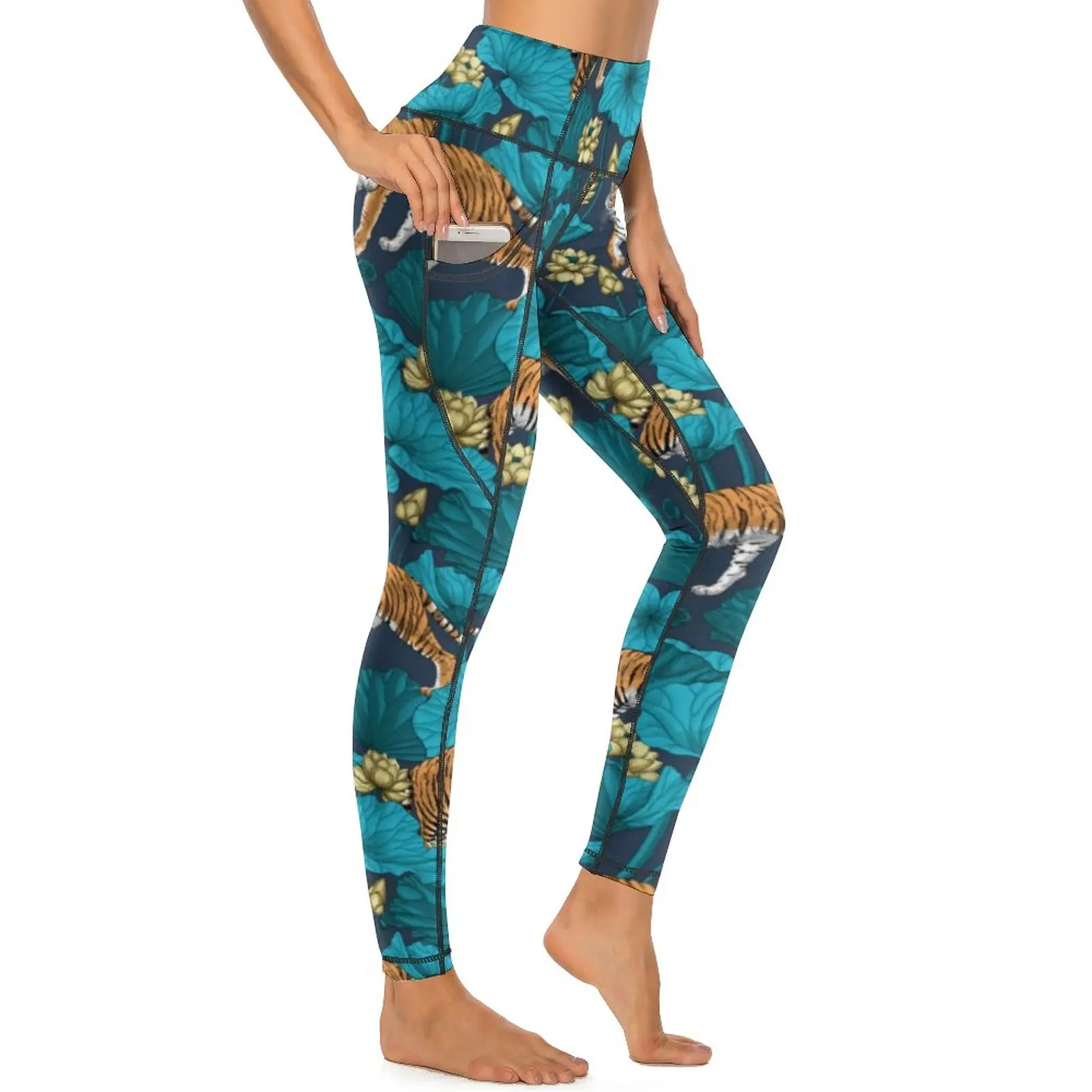 

Wild Tiger Quality Leggings Yellow Lotus Pond Running Yoga Pants Women Push Up Cute Leggins Elastic Sports Tights