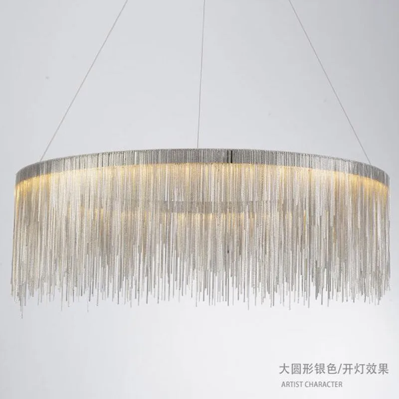 

Modern led Chandelier Lighting Chrome Tassle Lampshade Decor Hotel Dining Room Chain Hanging Lights Round Lustre Light