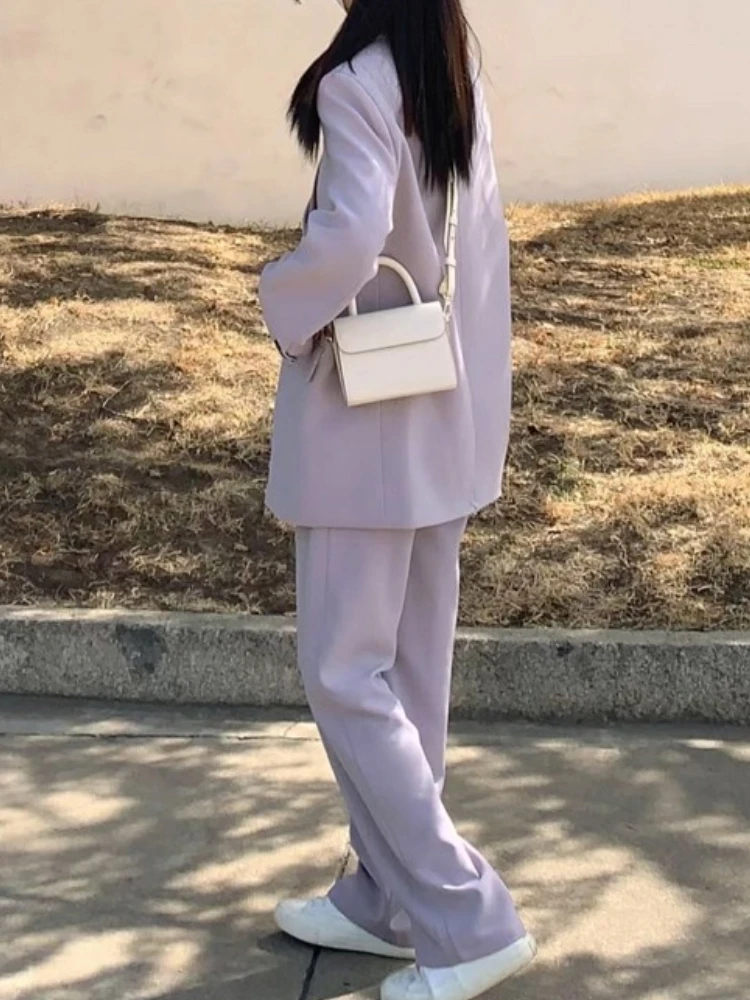 Fashion New Women Vintage Purple Blazer 2 Pieces Set Casual Elegant Solid Suit Jackets Wide-Leg Pants Outfits Female Pantsuits