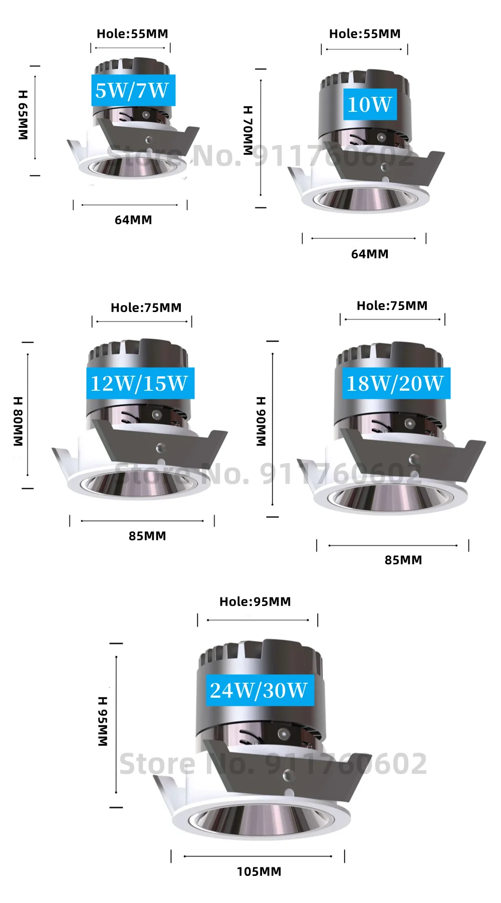 Recessed Anti-glare LED COB Spotlight 10W 15W 18W 20W Dimmable 110V 220V For Dining room Study Shop lighting