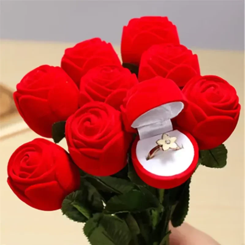 Flocked Rose Ring Box Long Root Rose Earring Ring Storage Box High-end Gift Box Engagement Ring Storage Box