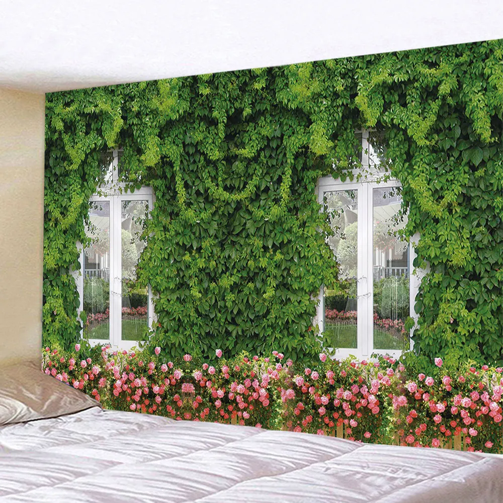 Tapestry Aesthetics Spring Flower Fence  Pink Rose Plant  Wall Garden Window Natural Scenery Home Decoration