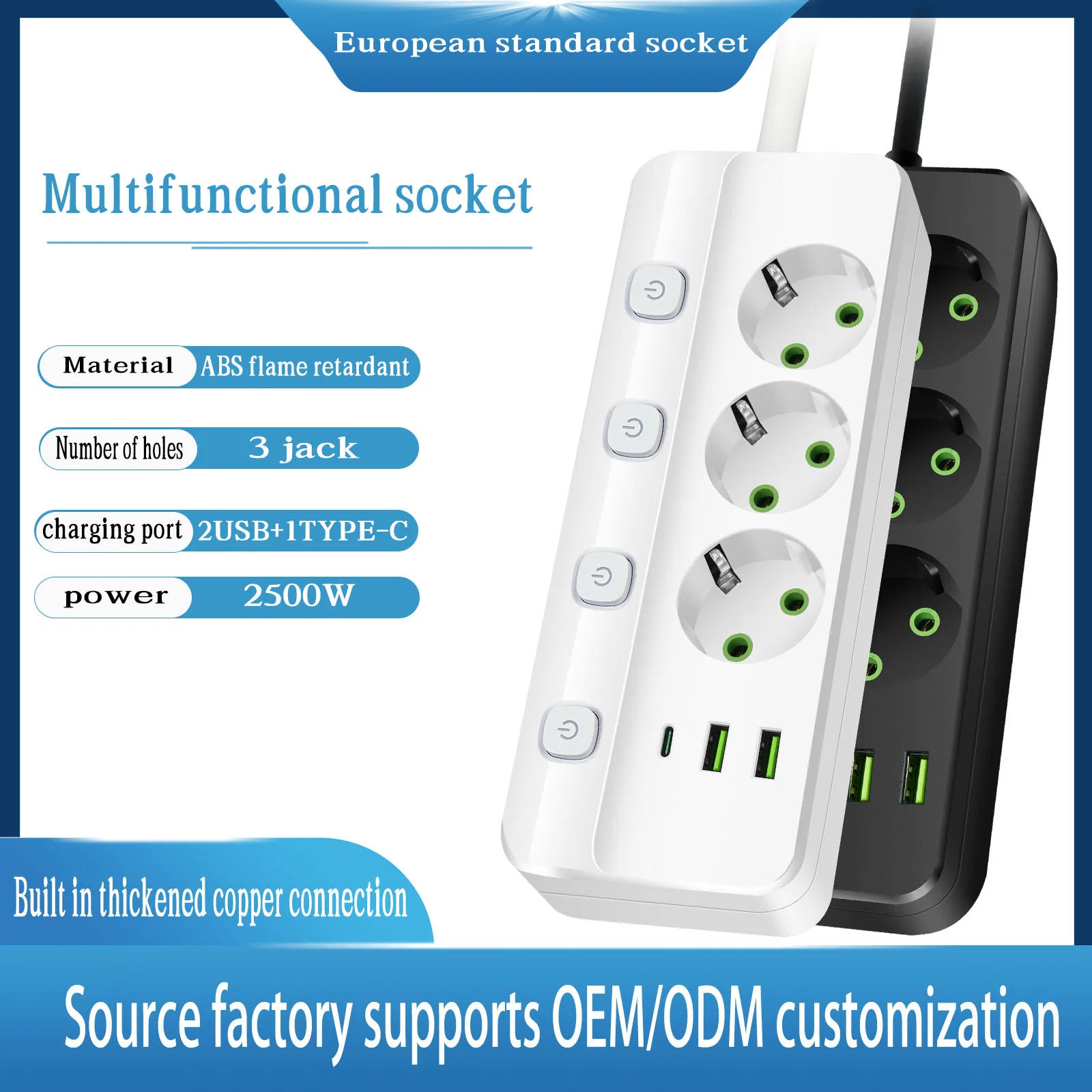 EU Plug Electrical Socket with 3/5 AC Outlets 2 USB Ports + 1 Type C 6/8-in-1 Plug Socket Adapter 2M Power Strip for Home Office