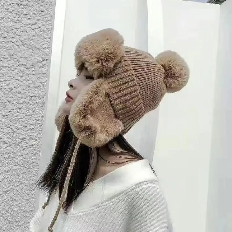 Autumn Winter Women's Trapper Earflap Hat - Thick Warm Fur Pompom Russian Ushanka Beanie Fashion Lei Feng Ski Cap
