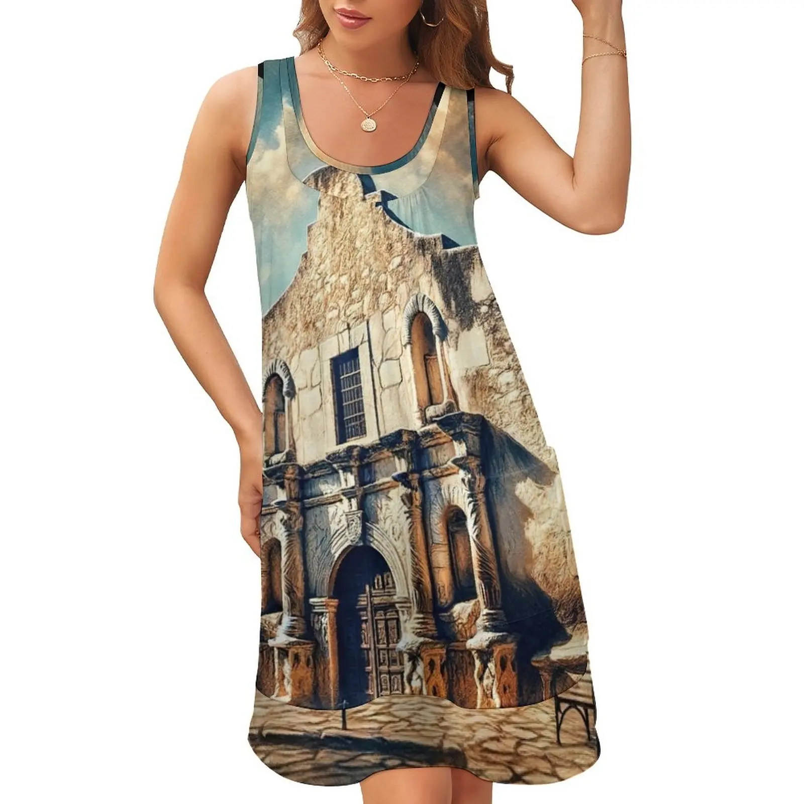 

Echoes of History: San Antonio Missions and The Alamo Sleeveless U-Neck Fake Two Piece Dress dress for woman Long veiled dresses