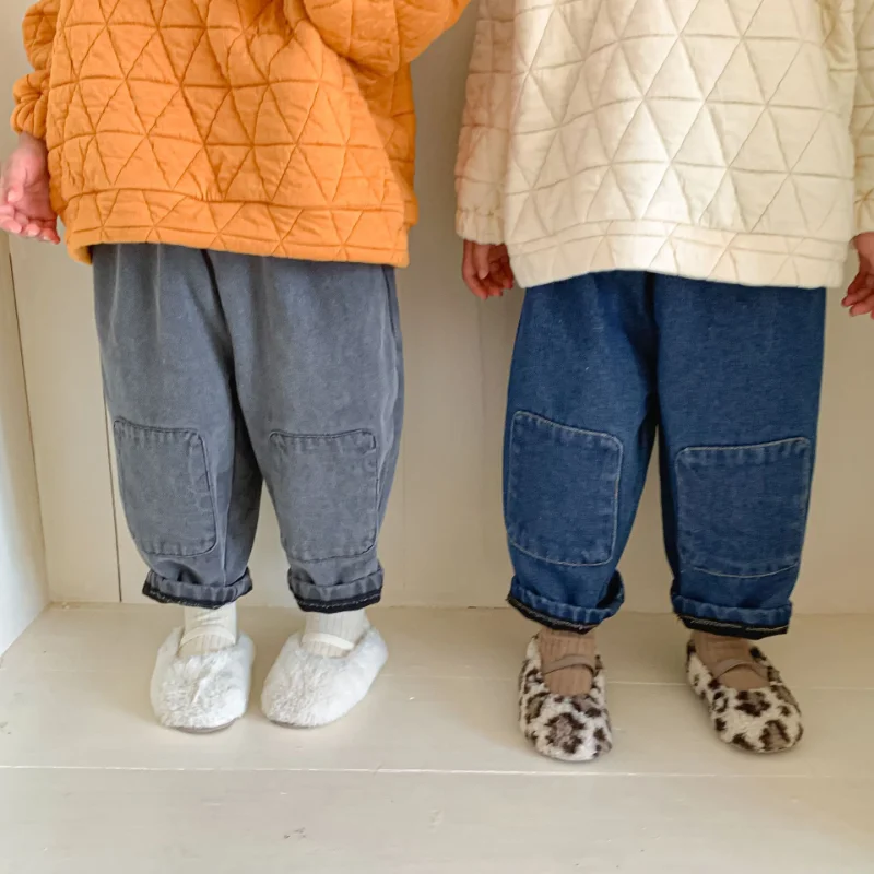 

Winter Kids Warm Thicken Jeans Boys Inner Fleece denim pants Girls warm casual trousers 1-7Years