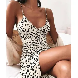 Summer New Women's Leopard Print Dress, V-neck Sexy Suspender, Temperament, High Waist, A-line Skirt