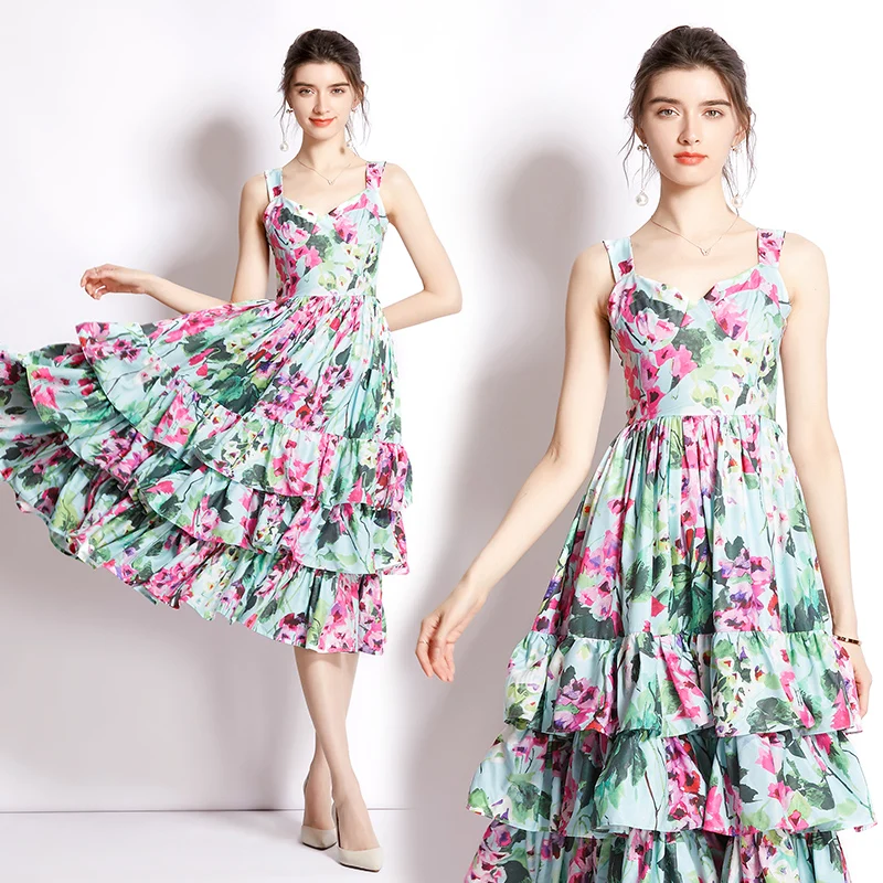 

Make spot - 2022 chun xia cake skirt printed strap dress