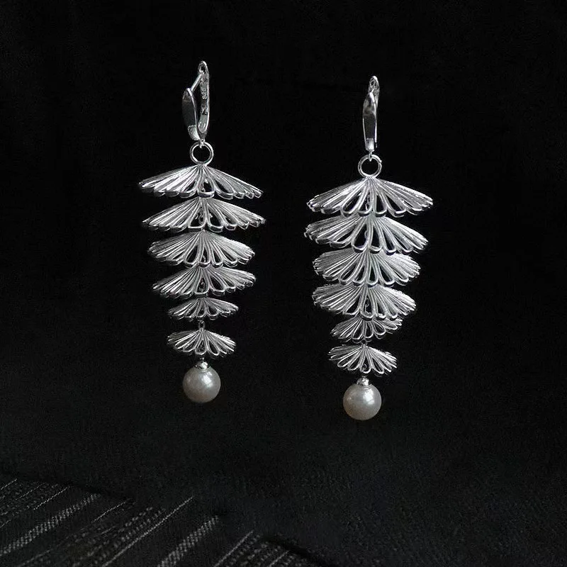 

Original Retro Chinese Style 925 Silver Pavilion Ear Dangle Pearl Fan Shape Irregular Long Drop Earring Tassel Jewelry Bijoux