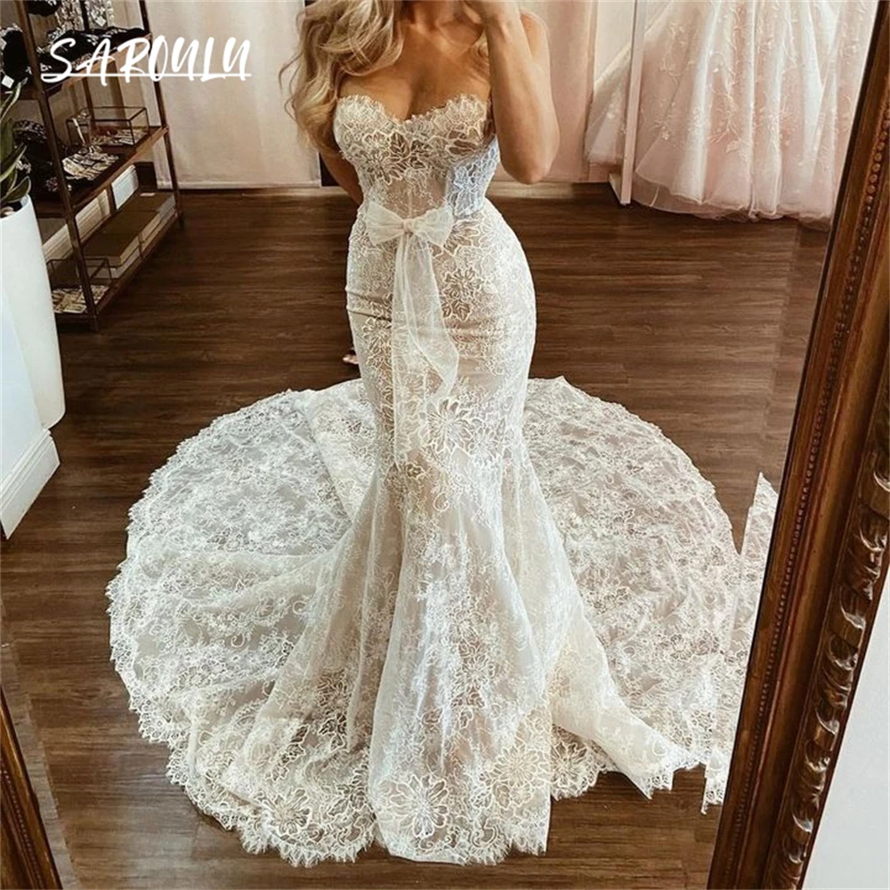 

Full Lace Mermaid Bridal Gown With Sweet Bow Decoration Strapless Wedding Dresses For Women Court Train Bride Dress
