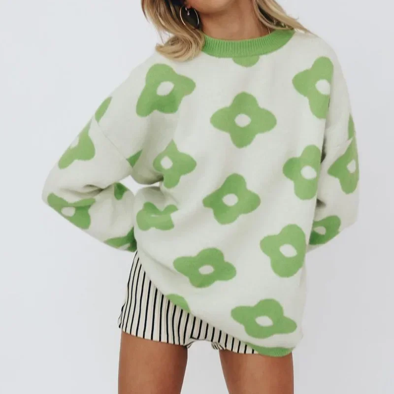 

2023 Autumn/winter New Pullover Fashion Women's Casual Flower Pattern Round Neck Long-sleeved Knitted Bottoming Sweater Women