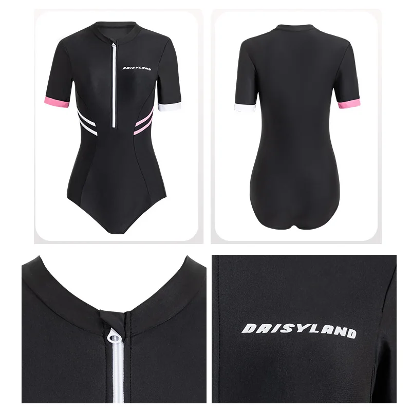 Women Modest One Piece Bathing Suit Short Sleeve Tummy Control Swimsuit Zipper Front Surfing Athletic Rash Guards
