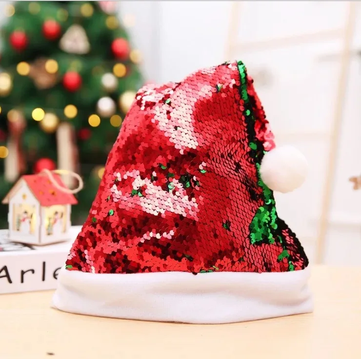 Christmas decoration supplies, double-sided flip sequin hat, colored bead pick, adult dance party, Santa Claus Christmas hat
