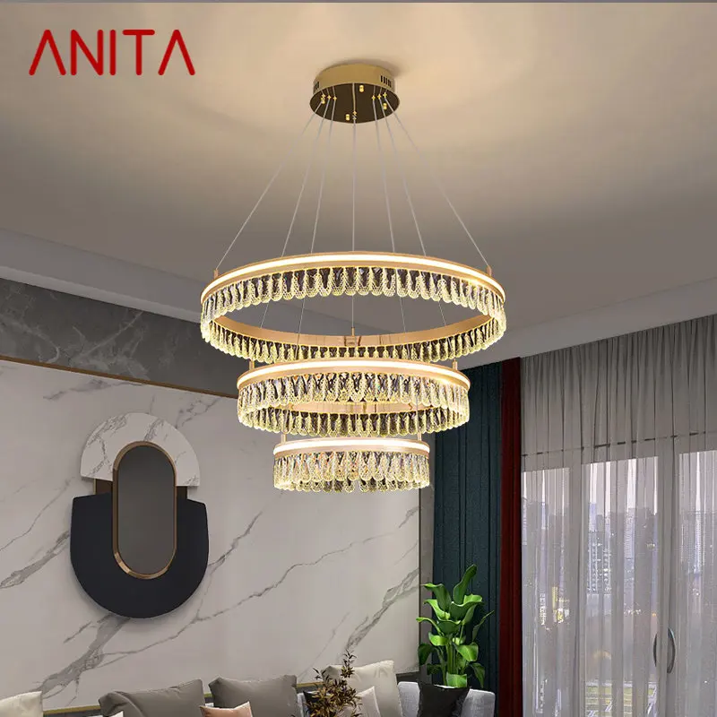 

ANITA Hanging Crystal Pendant Light Modern Vintage LED Luxury Ring Chandelier Home Decor For Living Room Villa Duplex