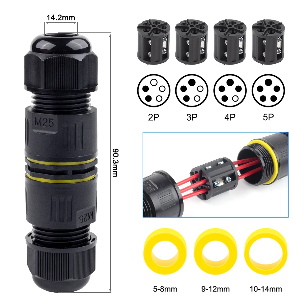 

IP68 M25 Cable Connector Outdoor Waterproof Junction Box Screw Connection 2/3/4/5 Pin Rainproof Terminal Solder Less LED Lamp