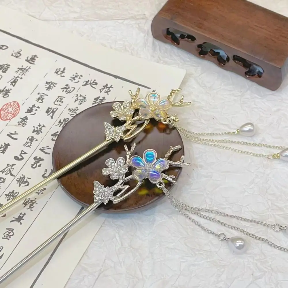 Chinese Style Flower Rhinestone Hair Stick Ancient Style Pearl Tassel Hair Sticks for Long Hanfu Headwear Alloy