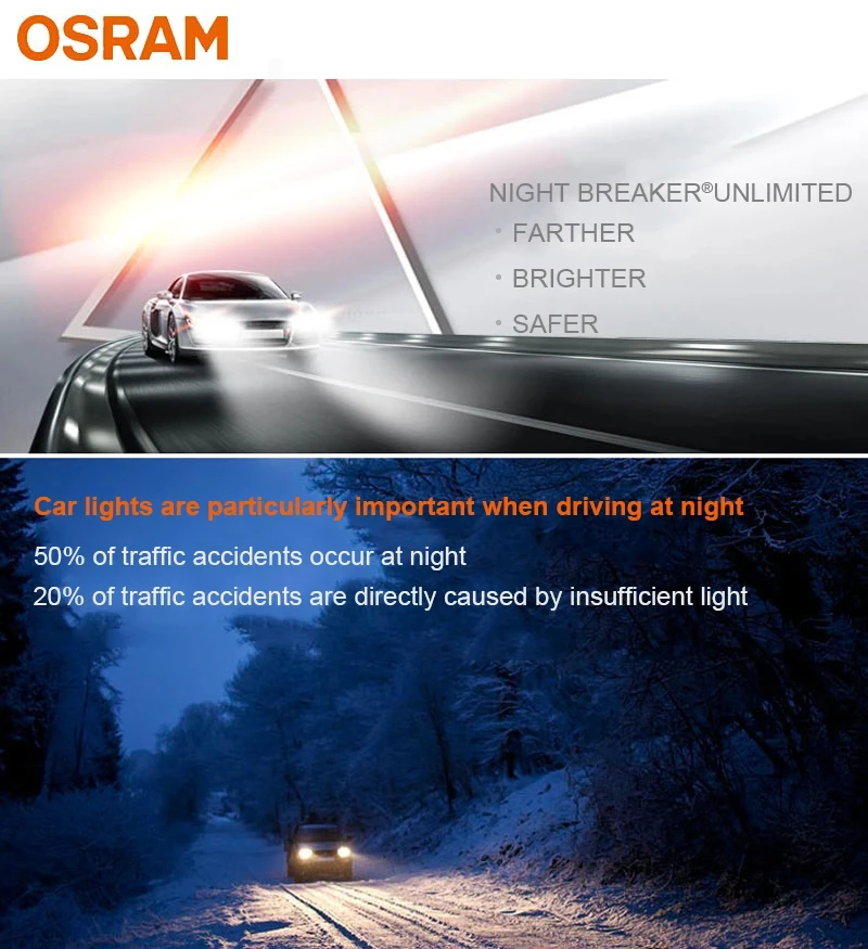 OSRAM Night Breaker Unlimited HB3 12V 60W 9005 Car Halogen Head Light P20d Upgarde Turbo 110% Bright White Bulbs 9005NBU, Pair 4