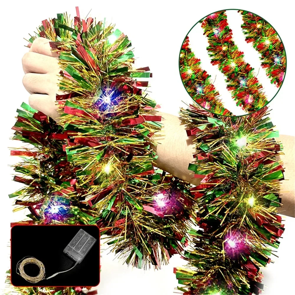 Metallic Christmas Tinsel Garland with LED Lights for Home Decor