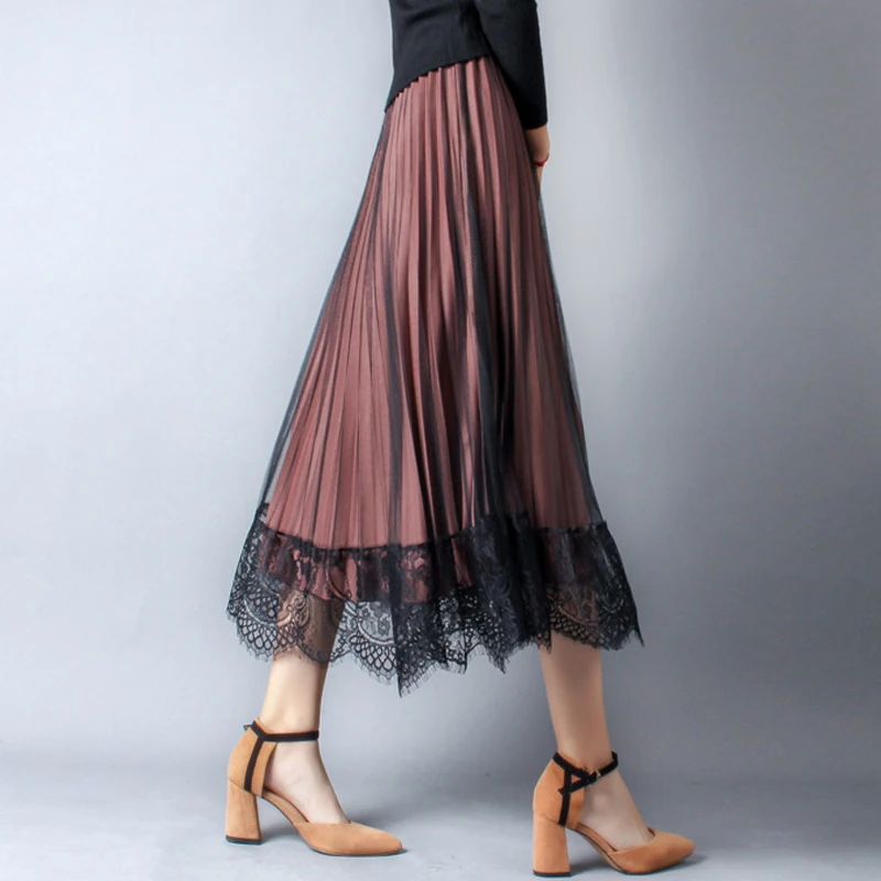 HI-FASHION Vintage Lace Gauze Women\'s Skirt Summer Korean Elegant Loose Midi High-waisted Skirts Woman Floral Skirts