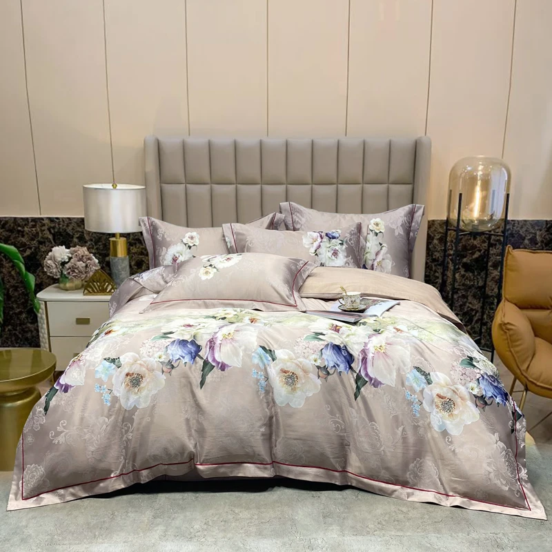 

Luxurious Khaki Floral Print Jacquard Cotton Bedding Set Duvet Cover Bed Linen Fitted Sheet Pillowcases Home Textile