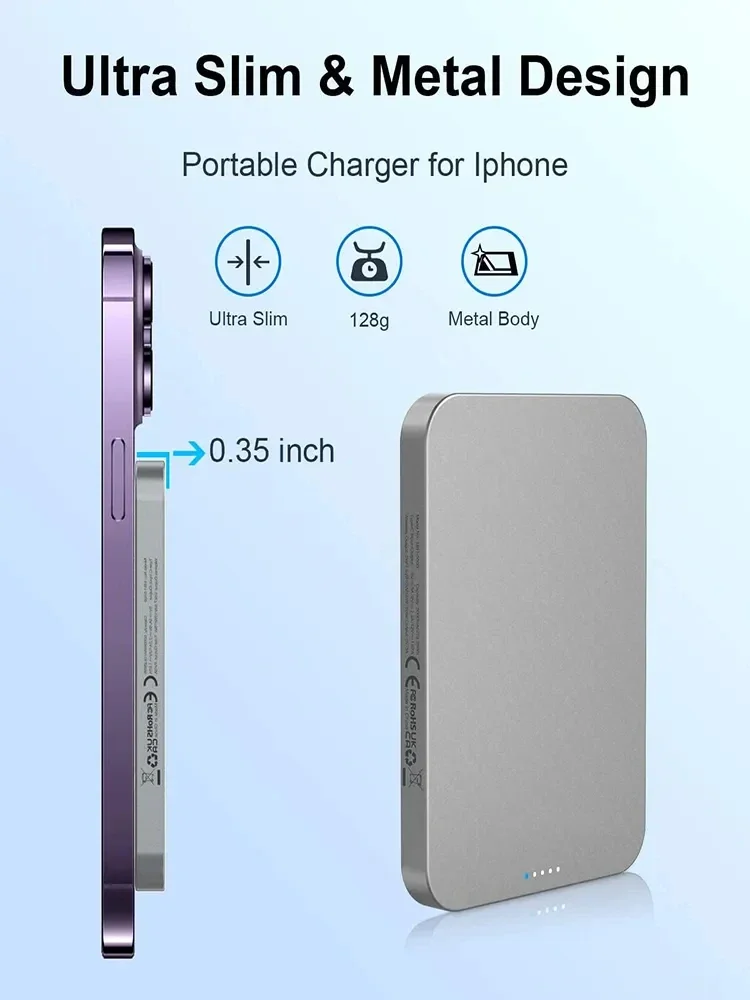 

5000mAh Magnetic Wireless Power Bank Metal Body Qi 15W QC 3.0 Small Battery For MagSafe Powerbank iPhone 13 12