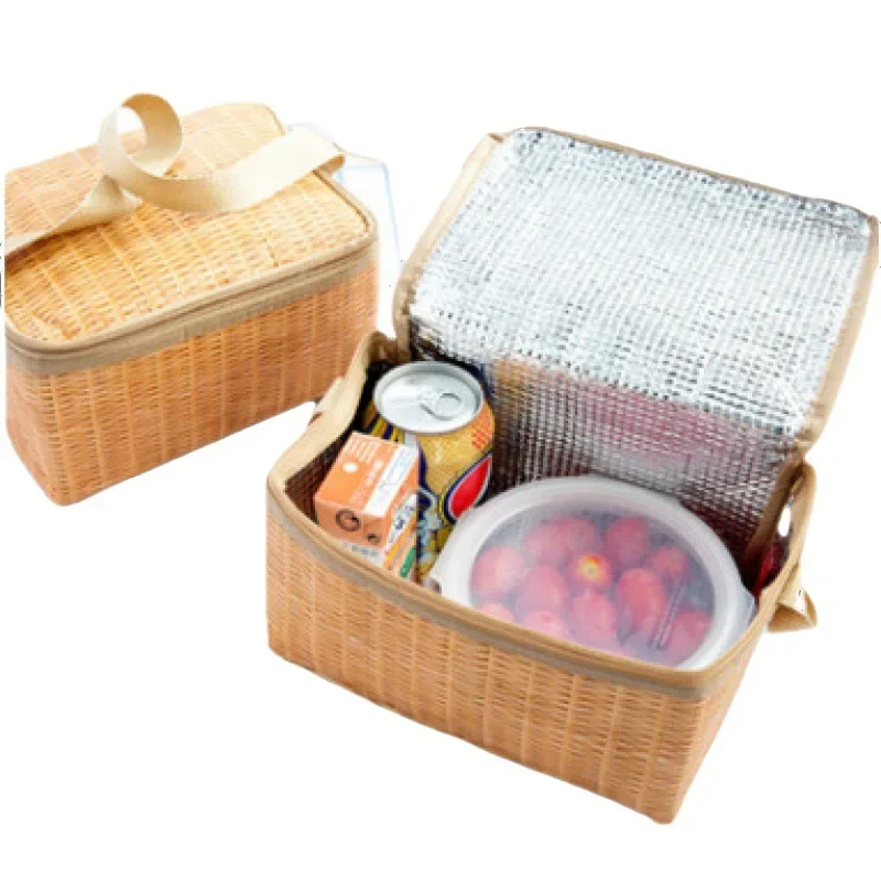 Lunch Cooler Bag Cooler Bag PortableI mitation rattan Outdoor Picnic Bag Waterproof Tableware Insulated Thermal Cooler Food bag for Camping Picnic