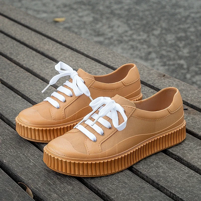 Bright Color Low Top Rain Boots Woman White Laced Up Water Shoes Nice Women's Galoshes Female Waterproof Rainshoes Rain Loafers