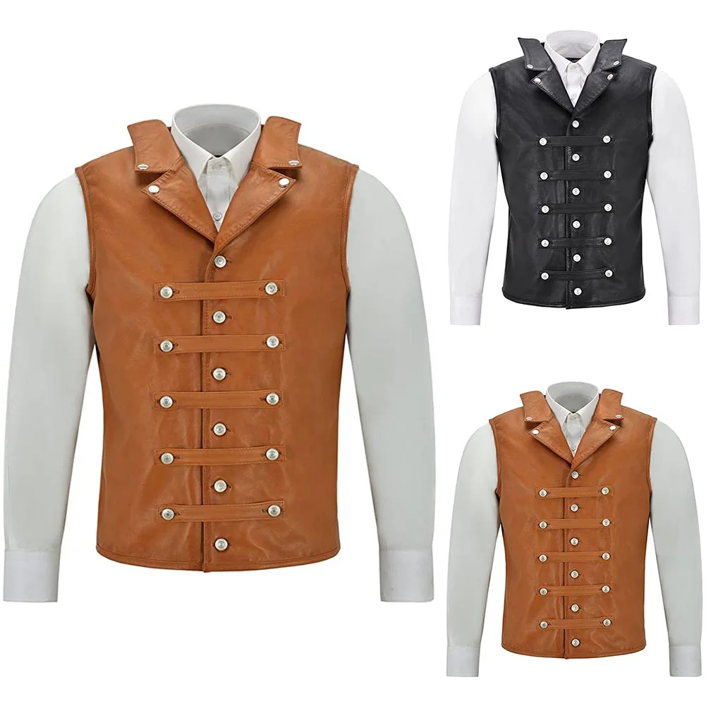 

Punk Rave Mens Steampunk Waistcoat Vest Solid Color Buttons Sleeveless Lapel PU Tank Top Gothic Victorian Gentleman Wedding